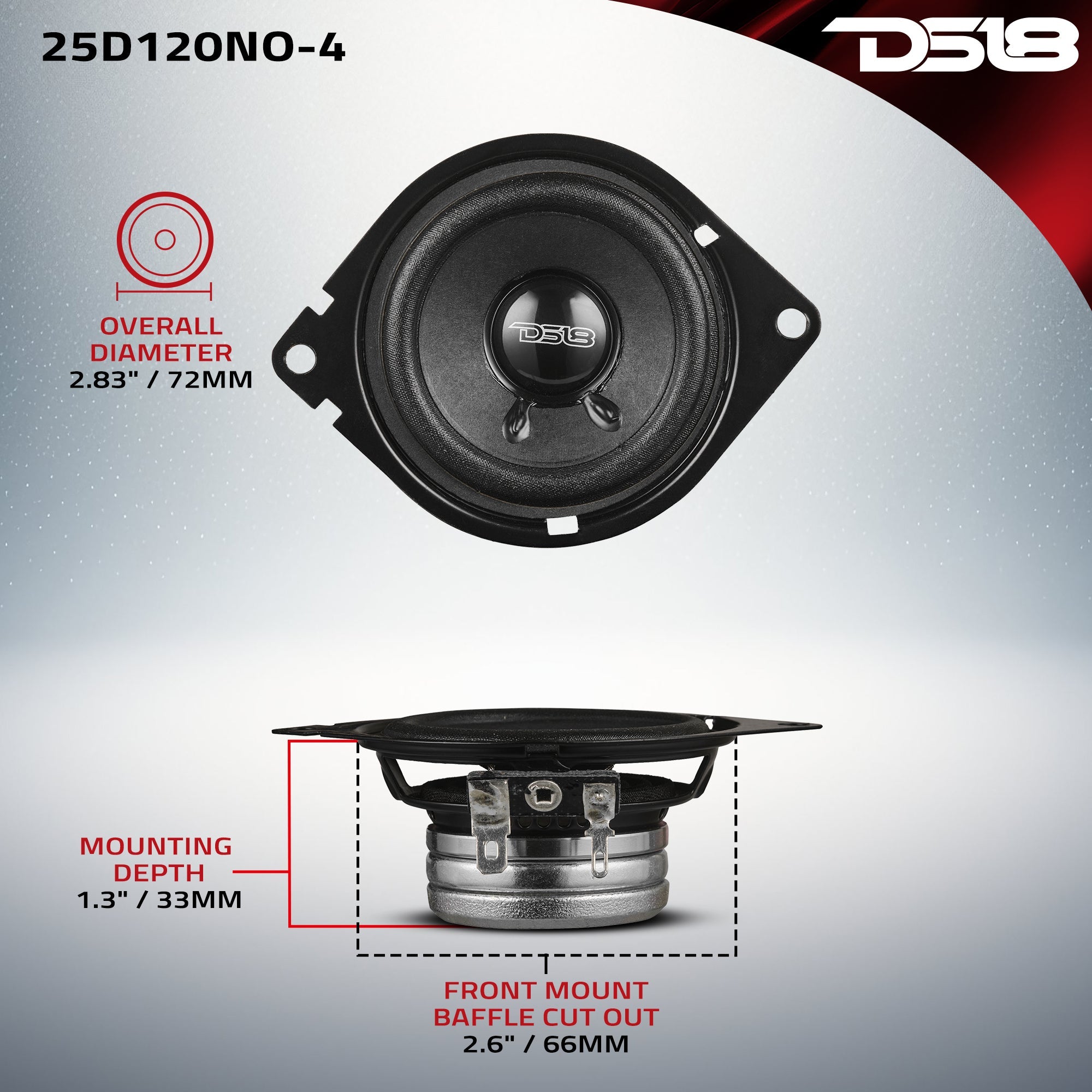 DS18 25D120NO-4 2.5" OEM Dashboard Loudspeaker with Neodymium Magnet | 60W RMS 4-Ohm — image 7