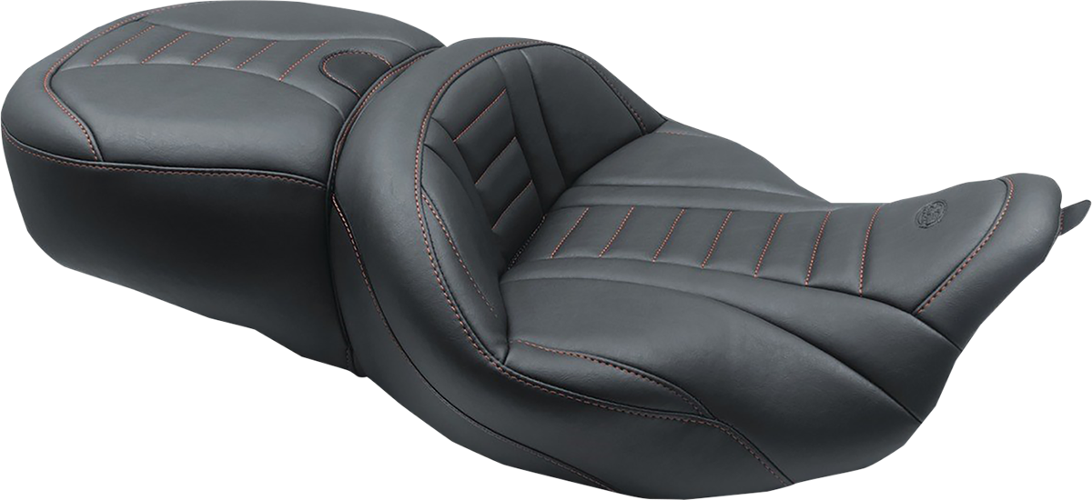 MUSTANG One-Piece Deluxe Touring Seat - Black w/ American Beauty Red Stitching - FL '08-'25 79006AB — image 1