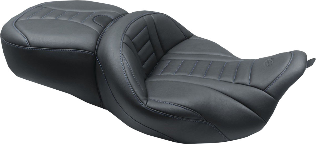MUSTANG One-Piece Deluxe Touring Seat - Black w/ Sky Blue Stitching - FL '08-'25 79006SB — image 1