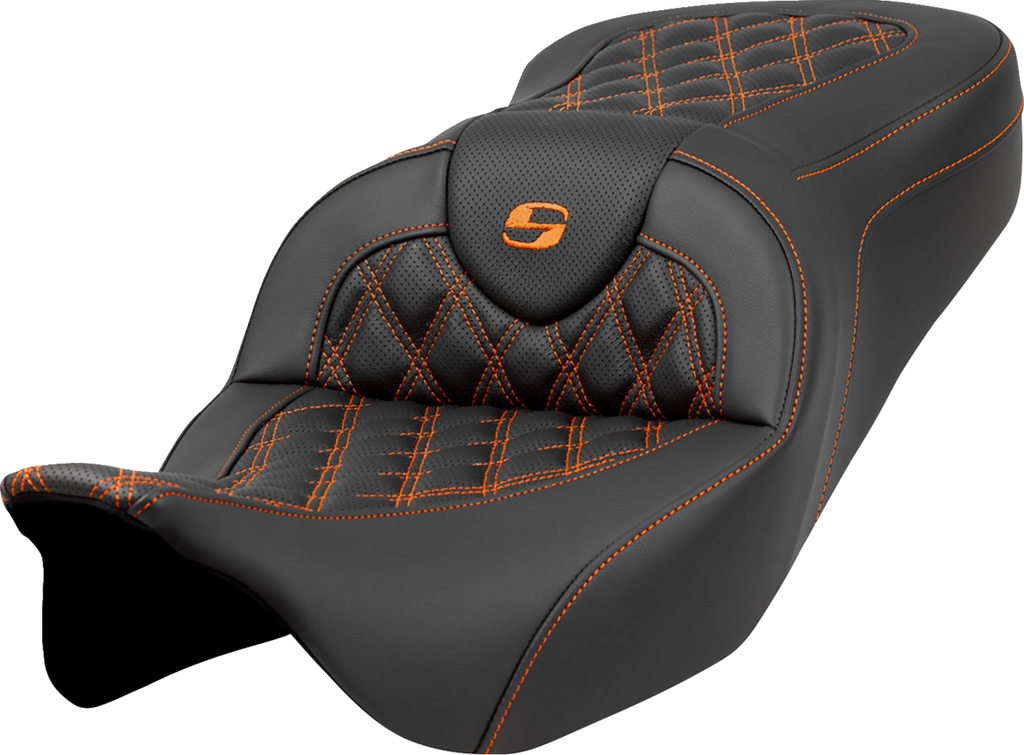 SADDLEMEN Roadsofa™ Seat - Lattice Stitch - Orange Stitch - without Backrest - FLH/FLT '08-'23 808-07B-18203 — image 1