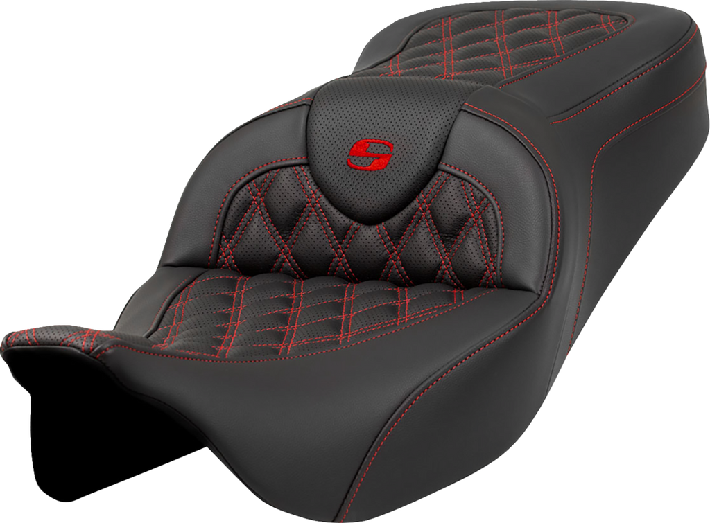 SADDLEMEN Roadsofa™ Seat - Lattice Stitch - Red Stitch - without Backrest - FLH/FLT '08-'23 808-07B-18204 — image 1