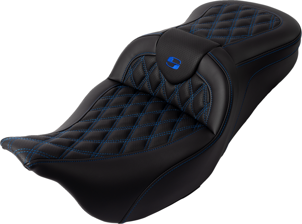 SADDLEMEN Roadsofa™ Seat - with Backrest - Blue Stitch - FL '08-'23 808-07B-182B1 — image 1
