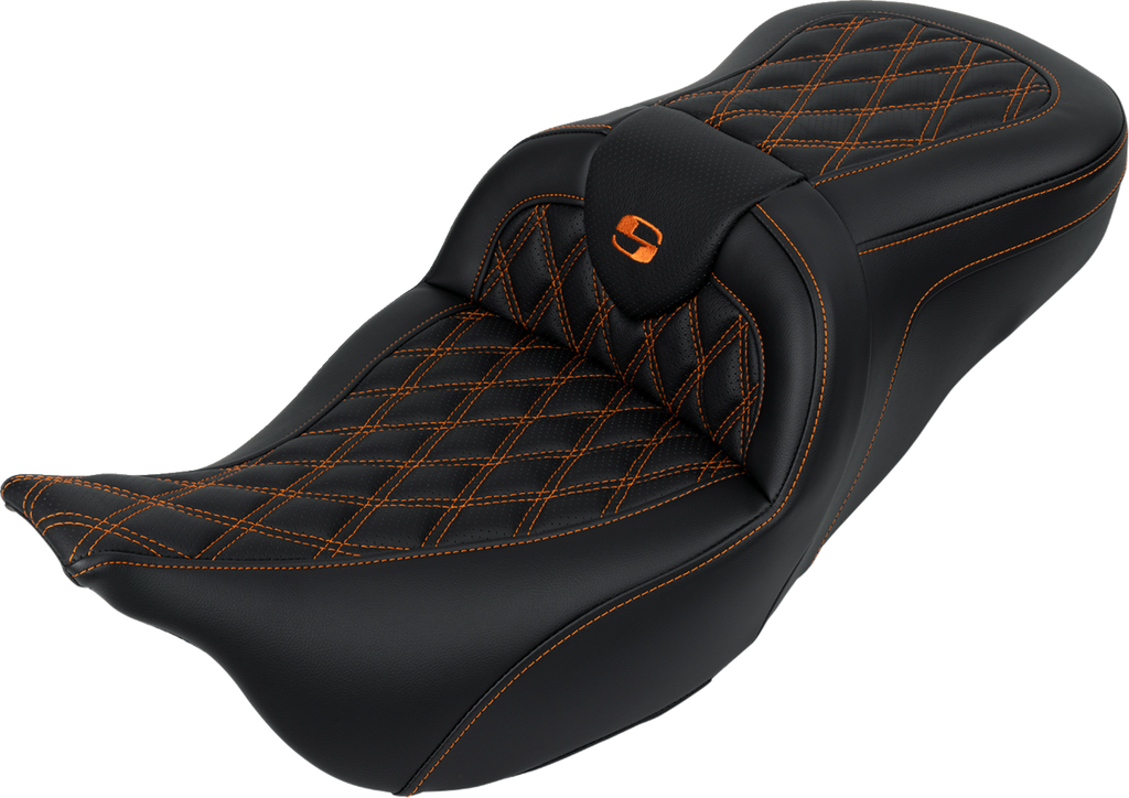SADDLEMEN Roadsofa™ Seat - with Backrest - Orange Stitch - FL '08-'23 808-07B-182B3 — image 1