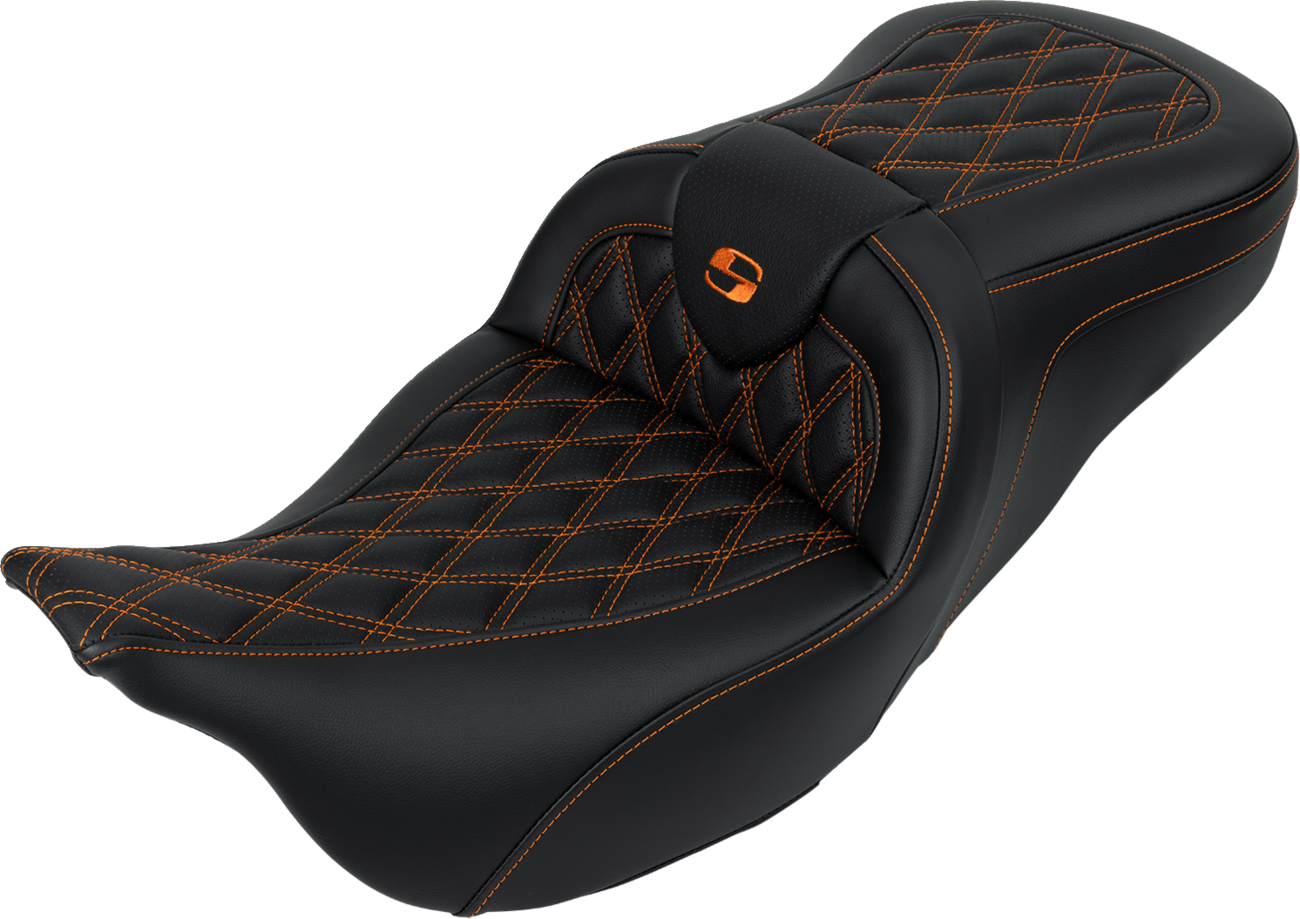 SADDLEMEN Roadsofa™ Seat - with Backrest - Orange Stitch - FL '08-'23 808-07B-182B3 — image 1