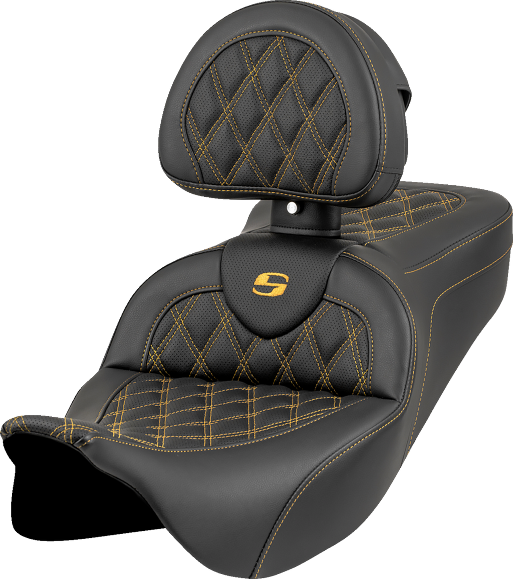 SADDLEMEN Roadsofa™ Seat - Lattice Stitch - Gold Stitch - w/ Backrest - FL '08-'23 808-07B-182B7 — image 1
