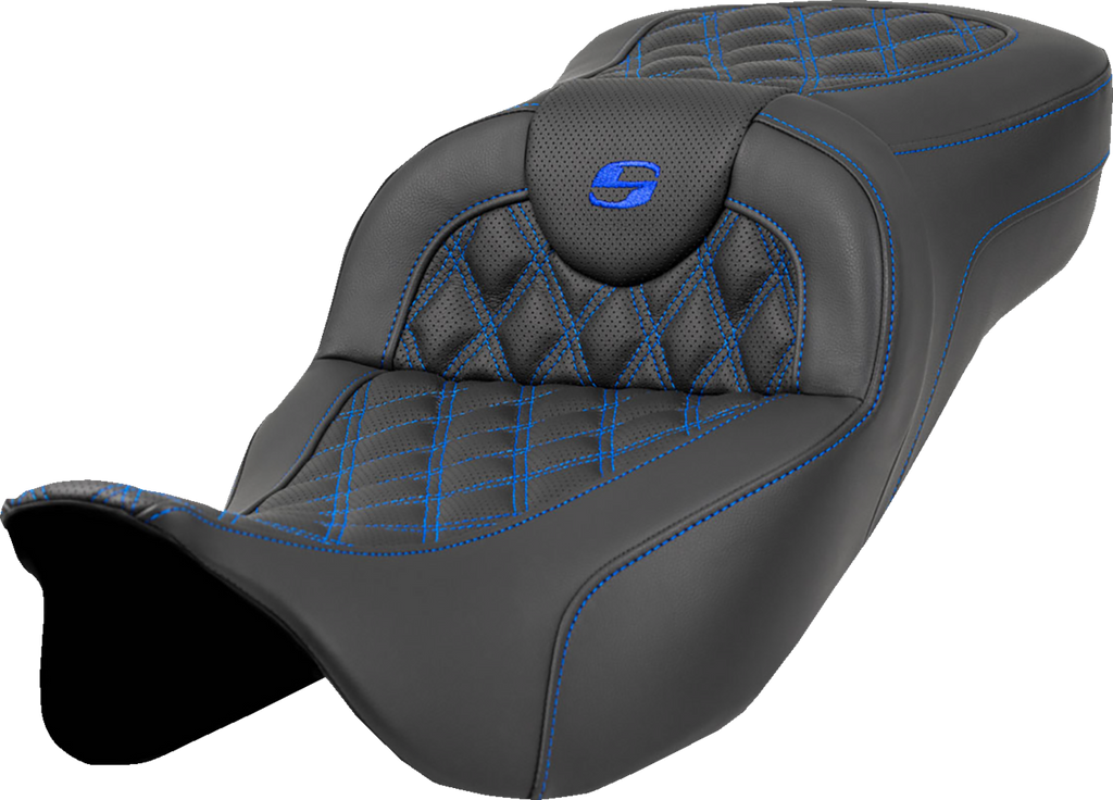 SADDLEMEN Extended Reach Roadsofa™ Seat - Lattice Stitch - Blue Stitch - without Backrest - FL '08-'24 808-07B-18401 — image 1