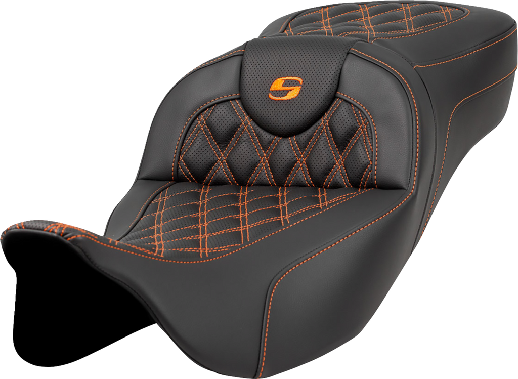 SADDLEMEN Extended Reach Roadsofa™ Seat - Lattice Stitch - Orange Stitch - without Backrest - FL '08-'24 808-07B-18403 — image 1