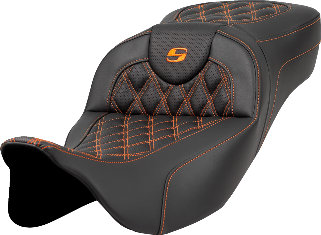 SADDLEMEN Extended Reach Roadsofa™ Seat - Lattice Stitch - Orange Stitch - without Backrest - FL '08-'24 808-07B-18403 — image 1