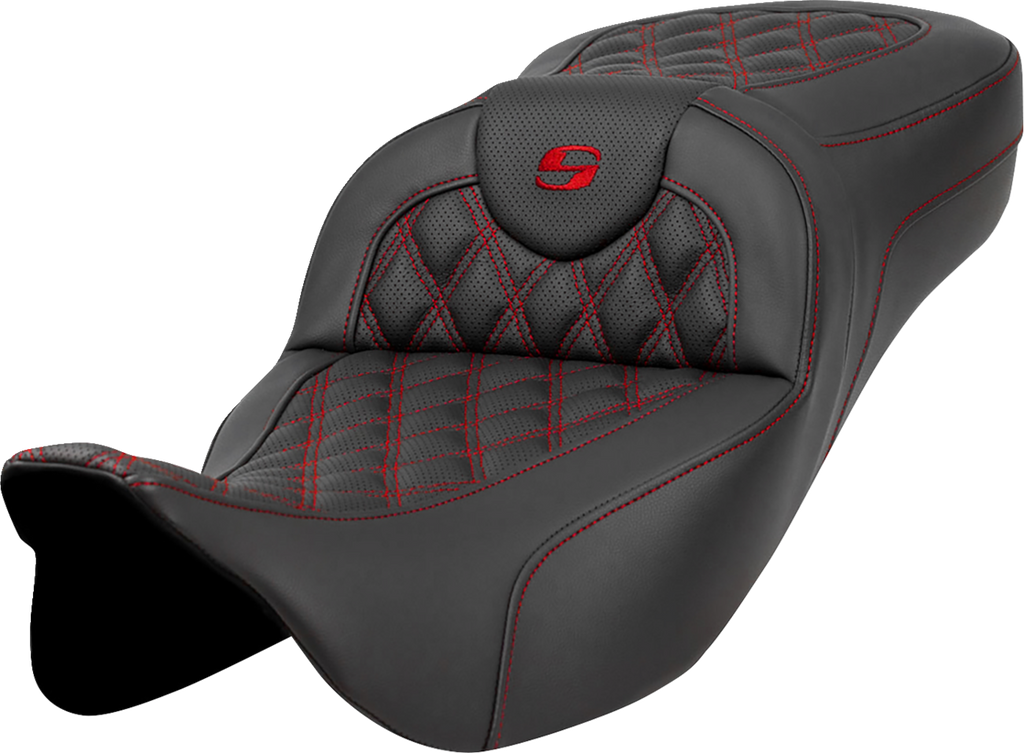 SADDLEMEN Extended Reach Roadsofa™ Seat - Lattice Stitch - Red Stitch - without Backrest - FL '08-'24 808-07B-18404 — image 1