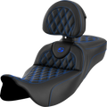 SADDLEMEN Roadsofa™ Extended Reach Seat - Lattice Stitch - Blue Stitch - with Backrest - FL '08-'24 808-07B-184B1 — image 1