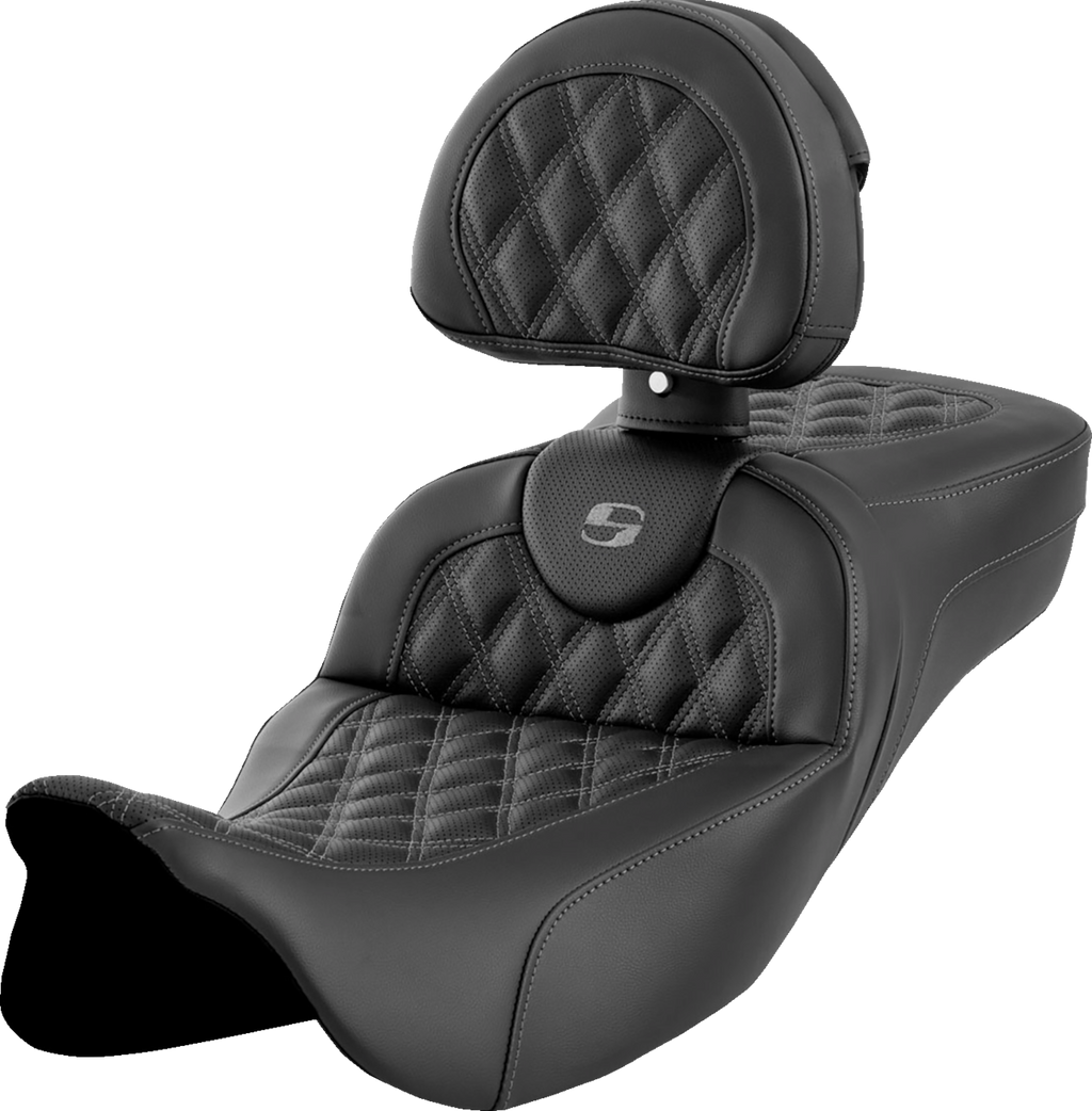SADDLEMEN Roadsofa™ Extended Reach Seat - Lattice Stitch - Dark Gray Stitch - with Backrest - FL '08-'24 808-07B-184B2 — image 1