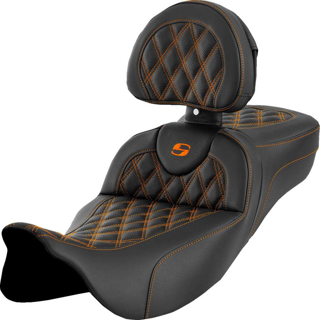 SADDLEMEN Roadsofa™ Extended Reach Seat - Lattice Stitch - Orange Stitch - with Backrest - FL '08-'24 808-07B-184B3 — image 1