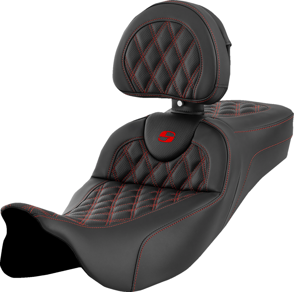 SADDLEMEN Roadsofa™ Extended Reach Seat - Lattice Stitch - Red Stitch - with Backrest - FL '08-'24 808-07B-184B4 — image 1