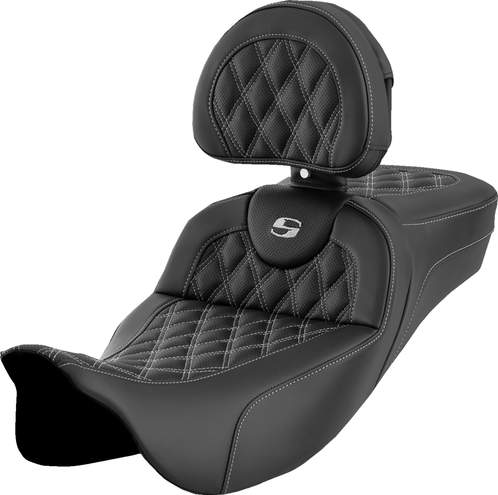 SADDLEMEN Roadsofa™ Extended Reach Seat - Lattice Stitch - Silver Stitch - with Backrest - FL '08-'24 808-07B-184B5 — image 1
