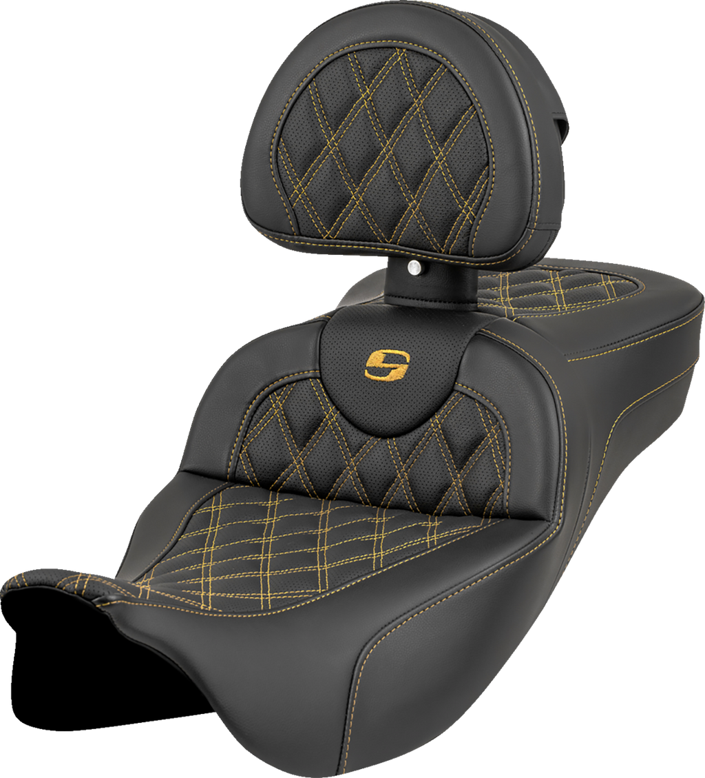 SADDLEMEN Roadsofa™ Extended Reach Seat - Lattice Stitch - Gold Stitch - with Backrest - FL '08-'23 808-07B-184B7 — image 1