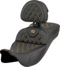 SADDLEMEN Roadsofa™ Extended Reach Seat - Lattice Stitch - Gold Stitch - with Backrest - FL '08-'23 808-07B-184B7 — image 1