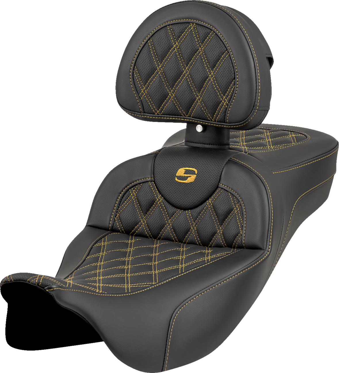 SADDLEMEN Roadsofa™ Extended Reach Seat - Lattice Stitch - Gold Stitch - with Backrest - FL '08-'23 808-07B-184B7 — image 1