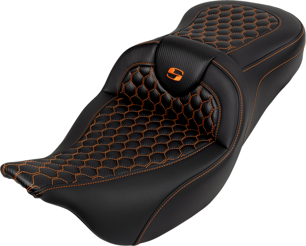 SADDLEMEN RoadSofa™ Seat - Honeycomb - Orange Stitch - without Backrest - FLH/FLT '08-'23 808-07B-18903 — image 1