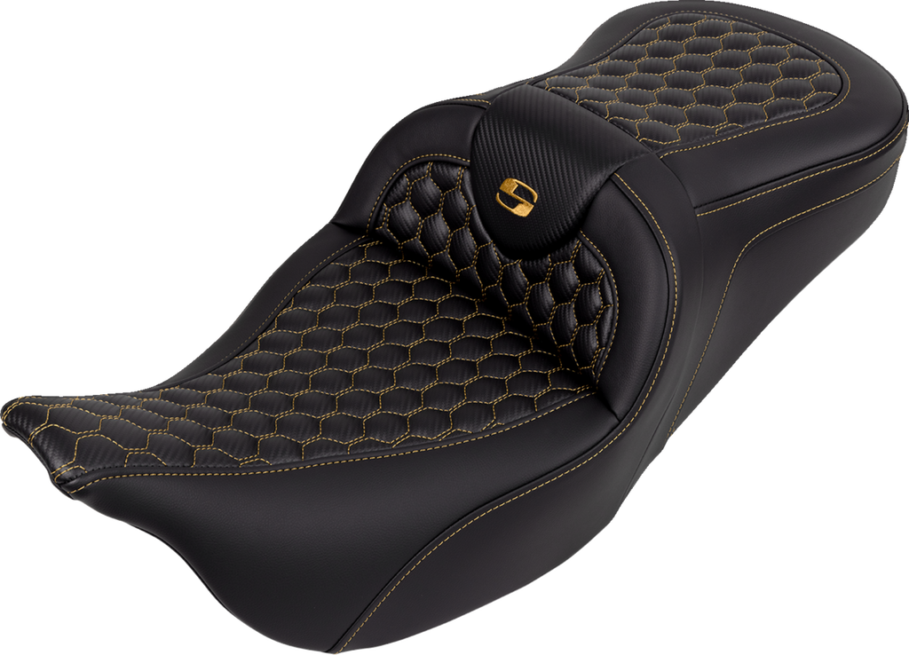 SADDLEMEN RoadSofa™ Seat - Honeycomb - Gold Stitch - without Backrest - FLH/FLT '08-'23 808-07B-18907 — image 1