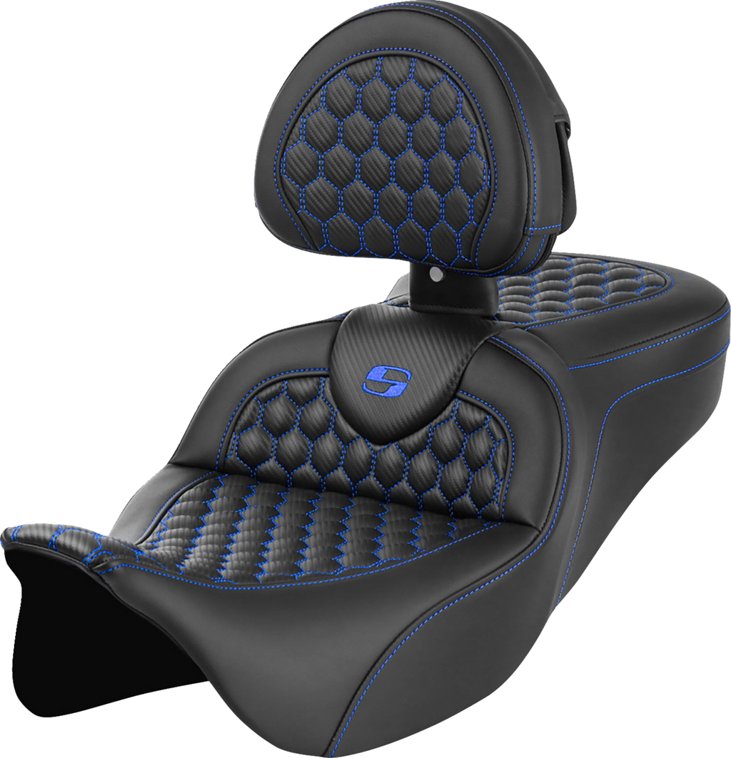 SADDLEMEN RoadSofa™ Seat - Honeycomb - Blue Stitch - with Backrest - FLH/FLT '08-'23 808-07B-189B1 — image 1