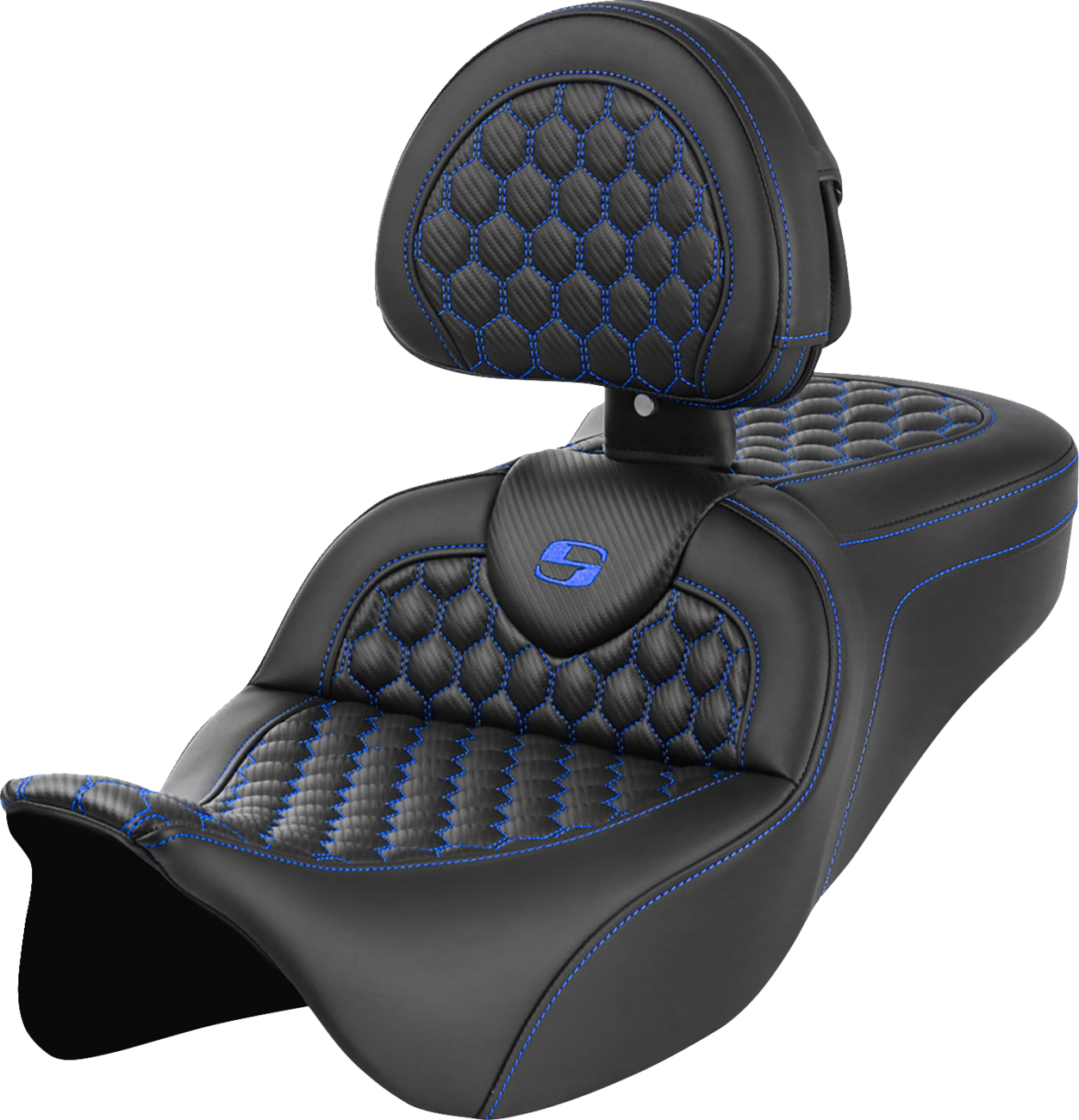 SADDLEMEN RoadSofa™ Seat - Honeycomb - Blue Stitch - with Backrest - FLH/FLT '08-'23 808-07B-189B1 — image 1