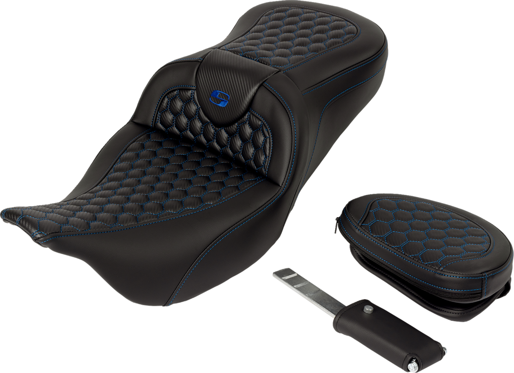 SADDLEMEN RoadSofa™ Seat - Honeycomb - Blue Stitch - with Backrest - FLH/FLT '08-'23 808-07B-189B1 — image 2