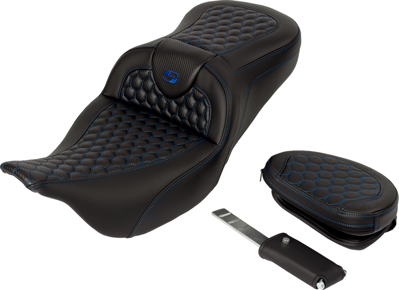 SADDLEMEN RoadSofa™ Seat - Honeycomb - Blue Stitch - with Backrest - FLH/FLT '08-'23 808-07B-189B1 — image 2