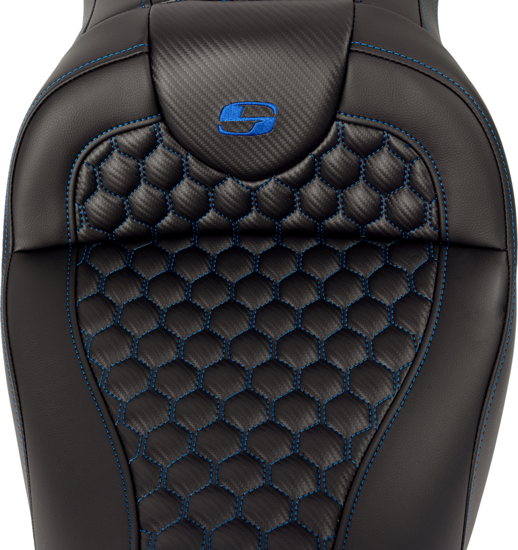 SADDLEMEN RoadSofa™ Seat - Honeycomb - Blue Stitch - with Backrest - FLH/FLT '08-'23 808-07B-189B1 — image 4