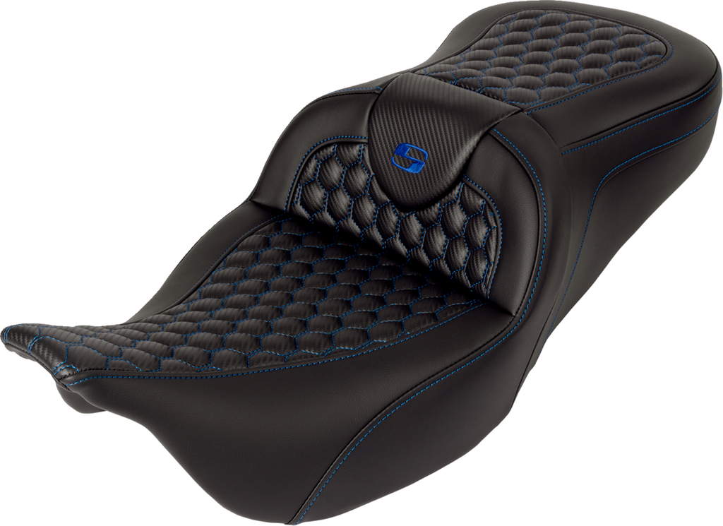 SADDLEMEN RoadSofa™ Seat - Honeycomb - Blue Stitch - with Backrest - FLH/FLT '08-'23 808-07B-189B1 — image 5