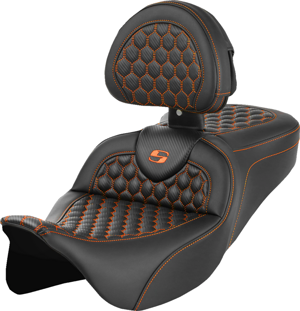 SADDLEMEN RoadSofa™ Seat - Honeycomb - Orange Stitch - with Backrest - FLH/FLT '08-'23 808-07B-189B3 — image 1