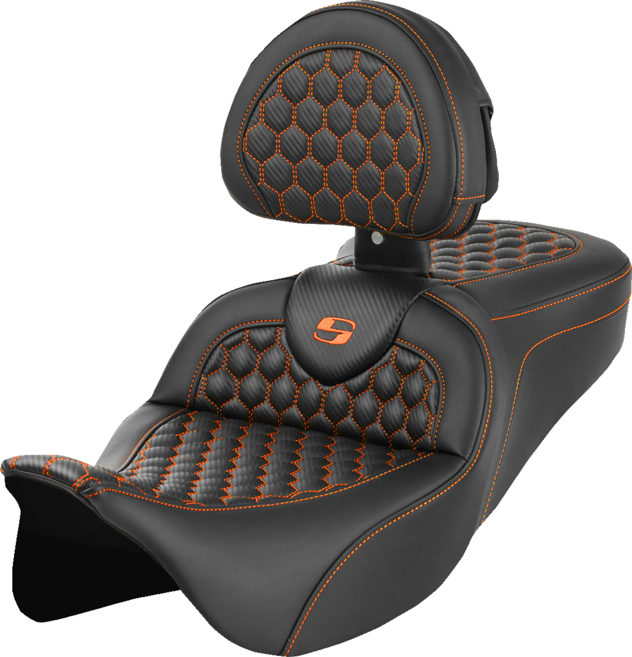 SADDLEMEN RoadSofa™ Seat - Honeycomb - Orange Stitch - with Backrest - FLH/FLT '08-'23 808-07B-189B3 — image 1