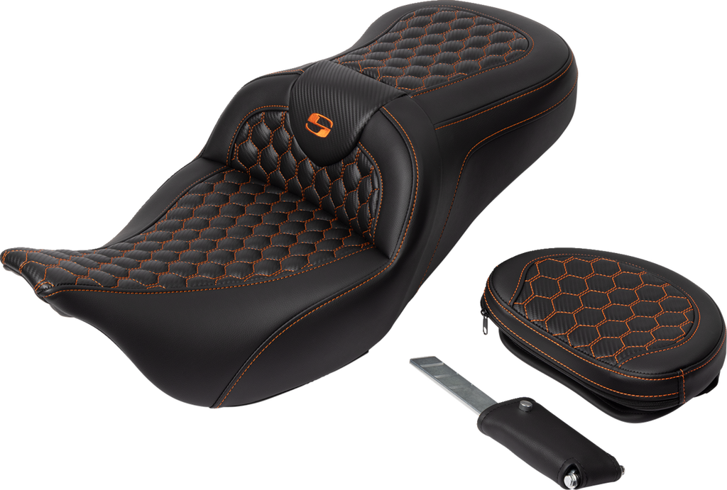 SADDLEMEN RoadSofa™ Seat - Honeycomb - Orange Stitch - with Backrest - FLH/FLT '08-'23 808-07B-189B3 — image 2