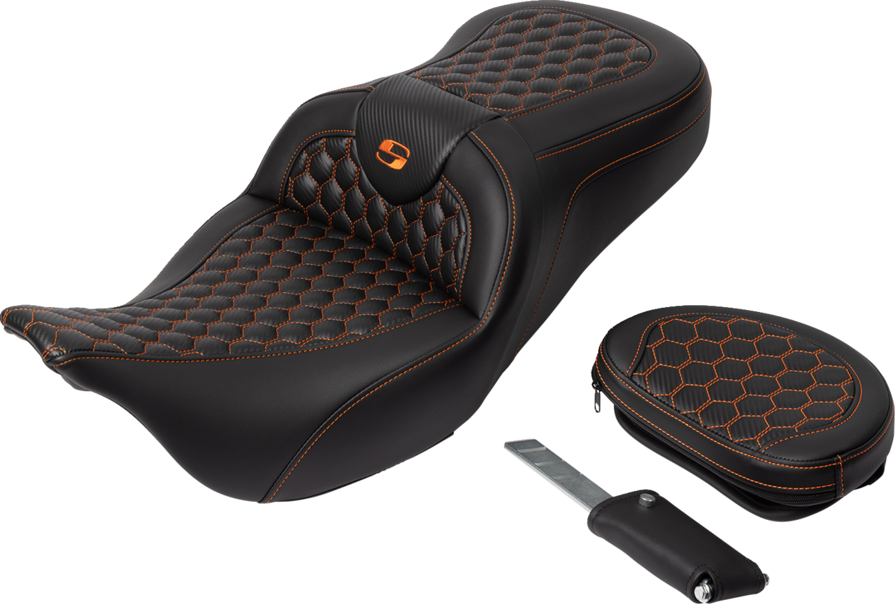 SADDLEMEN RoadSofa™ Seat - Honeycomb - Orange Stitch - with Backrest - FLH/FLT '08-'23 808-07B-189B3 — image 2