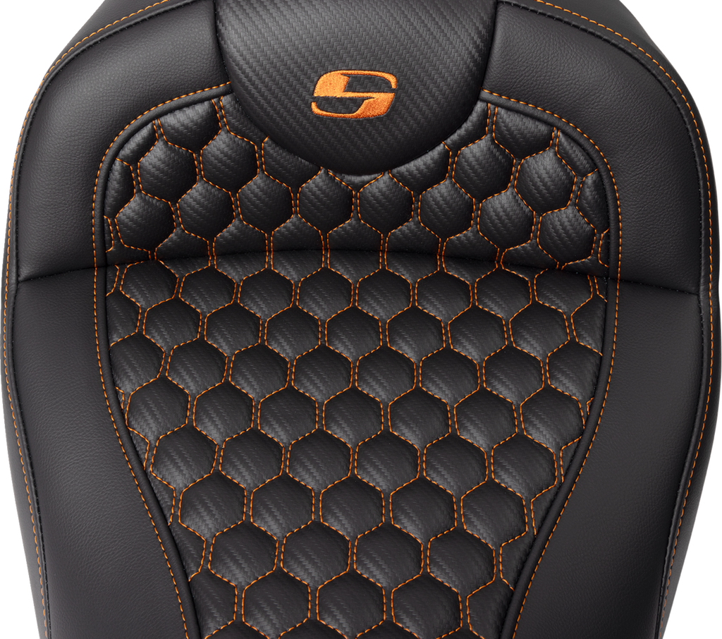 SADDLEMEN RoadSofa™ Seat - Honeycomb - Orange Stitch - with Backrest - FLH/FLT '08-'23 808-07B-189B3 — image 3