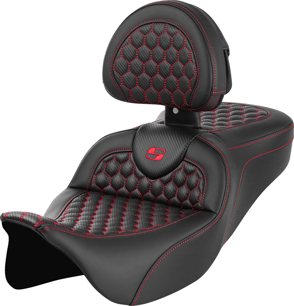 SADDLEMEN RoadSofa™ Seat - Honeycomb - Red Stitch - with Backrest - FLH/FLT '08-'23 808-07B-189B4 — image 1
