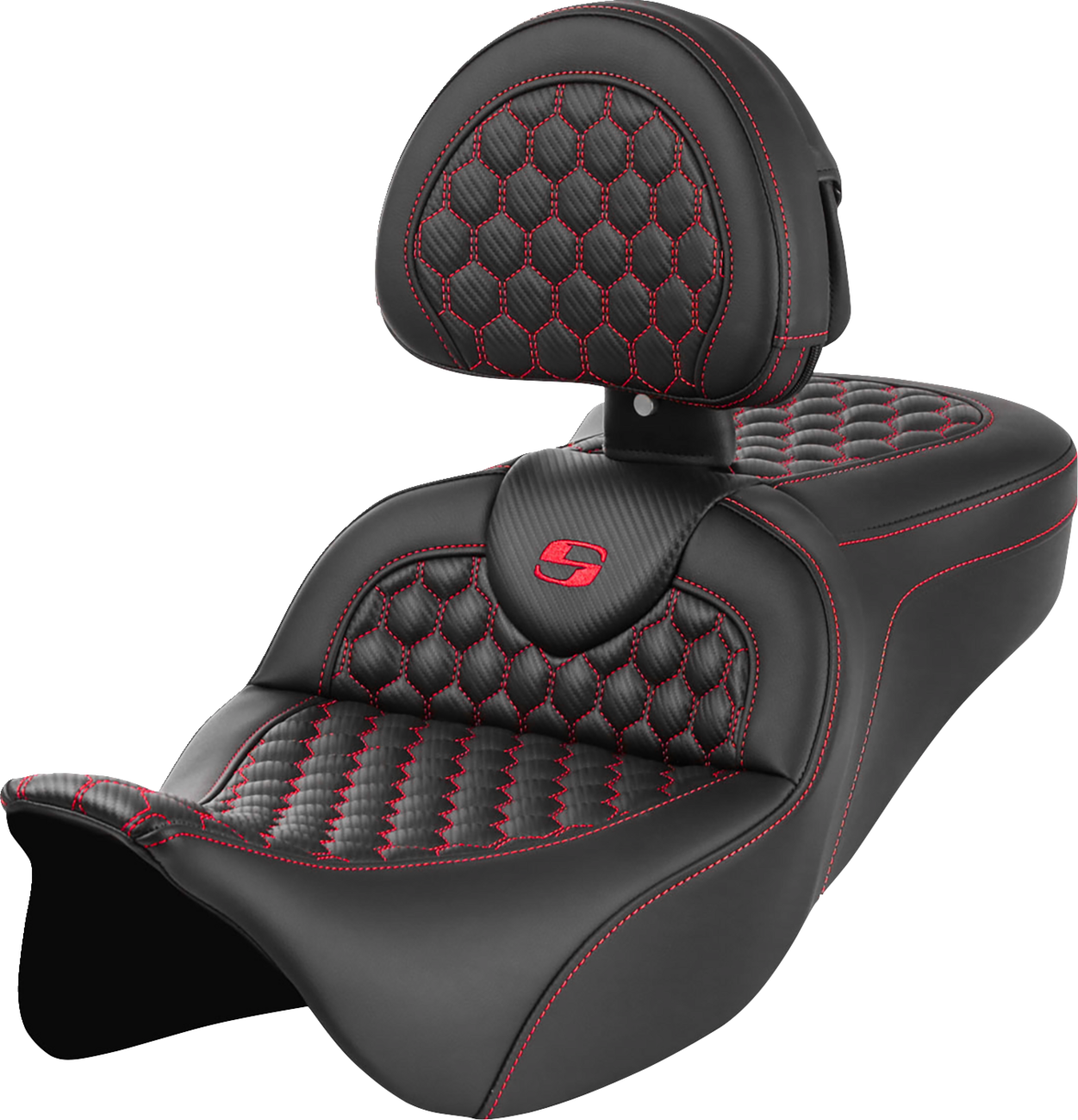 SADDLEMEN RoadSofa™ Seat - Honeycomb - Red Stitch - with Backrest - FLH/FLT '08-'23 808-07B-189B4 — image 1