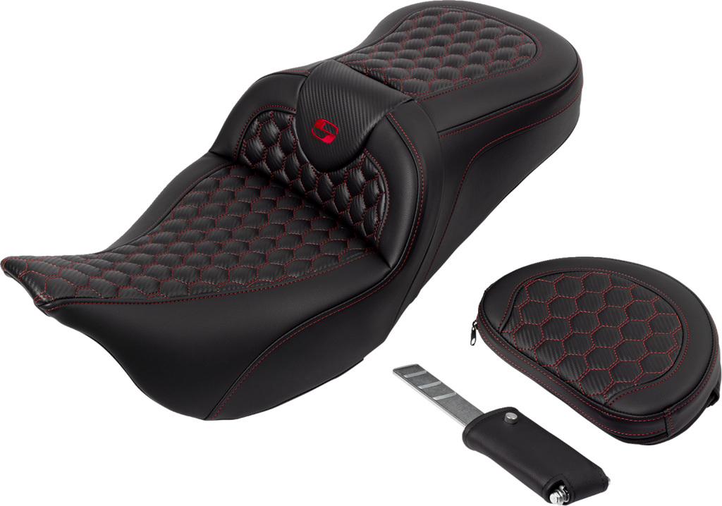 SADDLEMEN RoadSofa™ Seat - Honeycomb - Red Stitch - with Backrest - FLH/FLT '08-'23 808-07B-189B4 — image 5