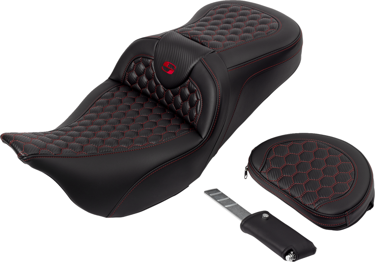 SADDLEMEN RoadSofa™ Seat - Honeycomb - Red Stitch - with Backrest - FLH/FLT '08-'23 808-07B-189B4 — image 5