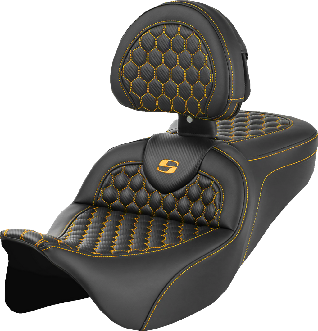 SADDLEMEN RoadSofa™ Seat - Honeycomb - Gold Stitch - with Backrest - FLH/FLT '08-'23 808-07B-189B7 — image 1