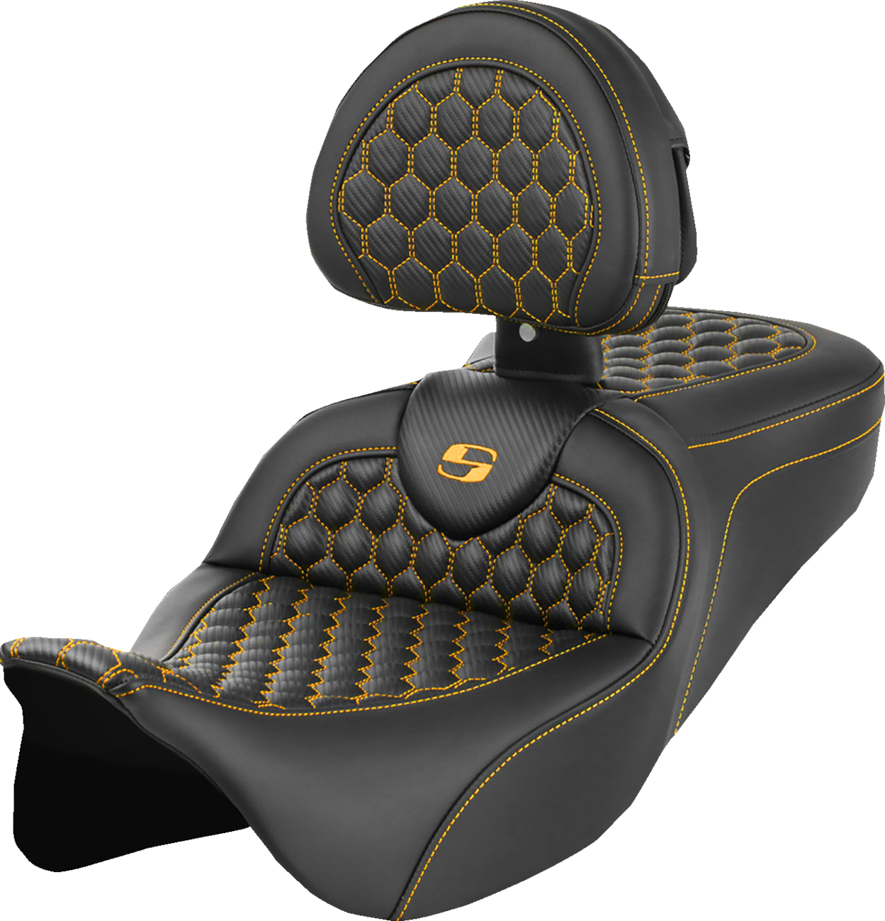 SADDLEMEN RoadSofa™ Seat - Honeycomb - Gold Stitch - with Backrest - FLH/FLT '08-'23 808-07B-189B7 — image 1