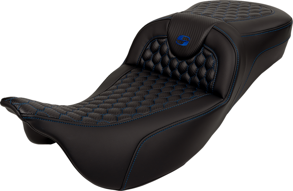 SADDLEMEN RoadSofa™ Seat - Honeycomb - Blue Stitch - Extended Reach - without Backrest - FLH/FLT '08-'24 808-07B-19001 — image 1