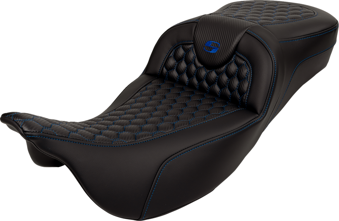 SADDLEMEN RoadSofa™ Seat - Honeycomb - Blue Stitch - Extended Reach - without Backrest - FLH/FLT '08-'24 808-07B-19001 — image 1