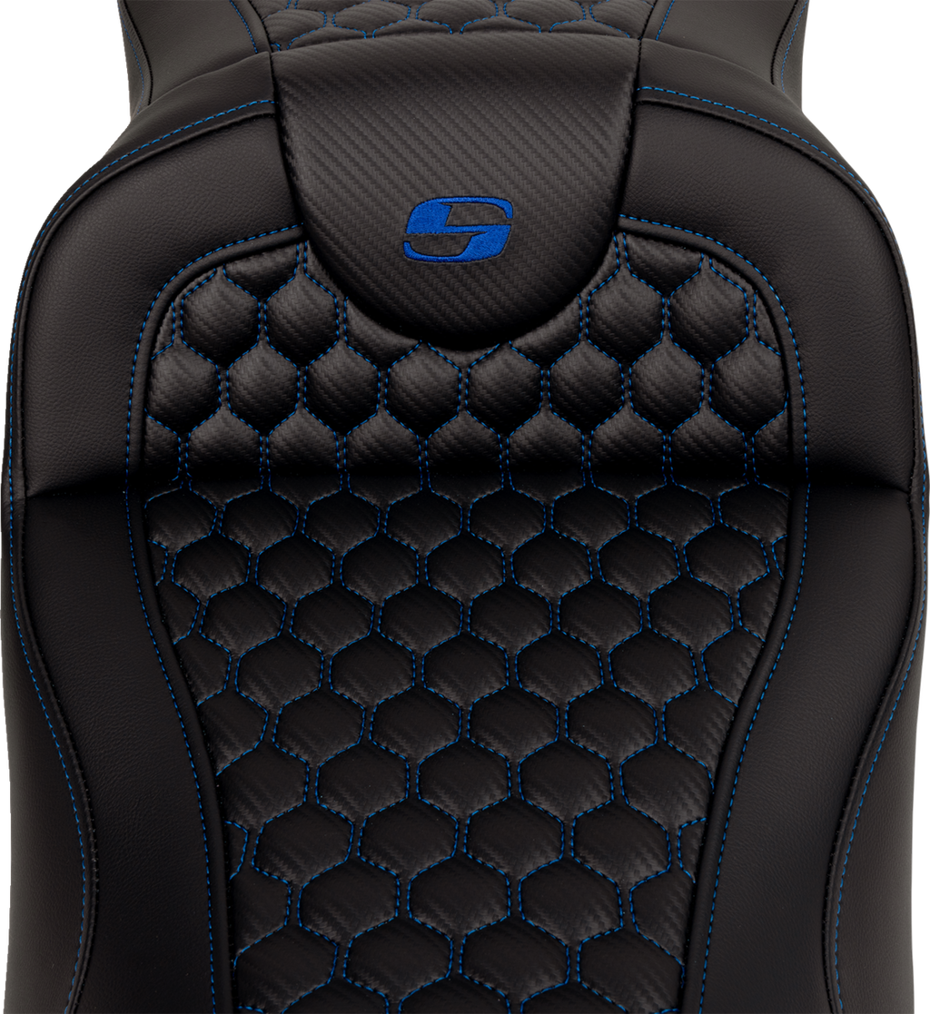 SADDLEMEN RoadSofa™ Seat - Honeycomb - Blue Stitch - Extended Reach - without Backrest - FLH/FLT '08-'24 808-07B-19001 — image 2