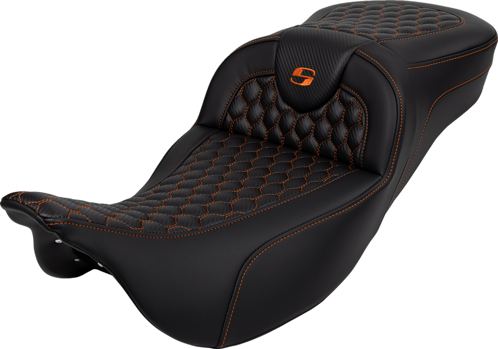 SADDLEMEN RoadSofa™ Seat - Honeycomb - Orange Stitch - Extended Reach - without Backrest - FLH/FLT '08-'24 808-07B-19003 — image 1