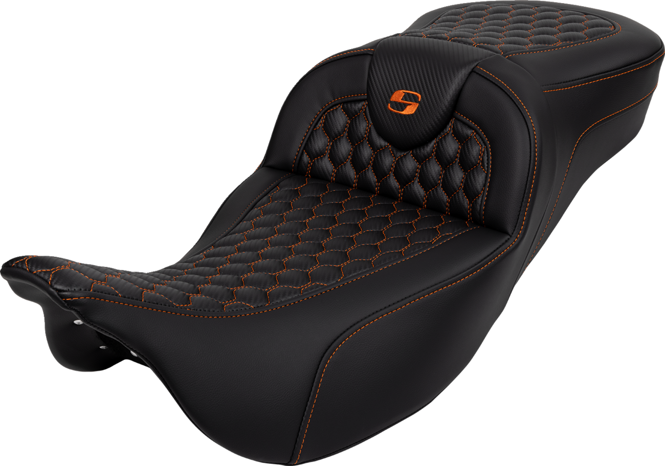 SADDLEMEN RoadSofa™ Seat - Honeycomb - Orange Stitch - Extended Reach - without Backrest - FLH/FLT '08-'24 808-07B-19003 — image 1