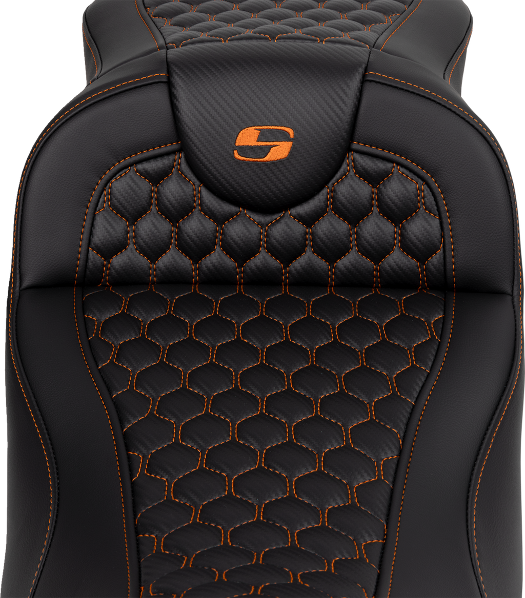 SADDLEMEN RoadSofa™ Seat - Honeycomb - Orange Stitch - Extended Reach - without Backrest - FLH/FLT '08-'24 808-07B-19003 — image 2