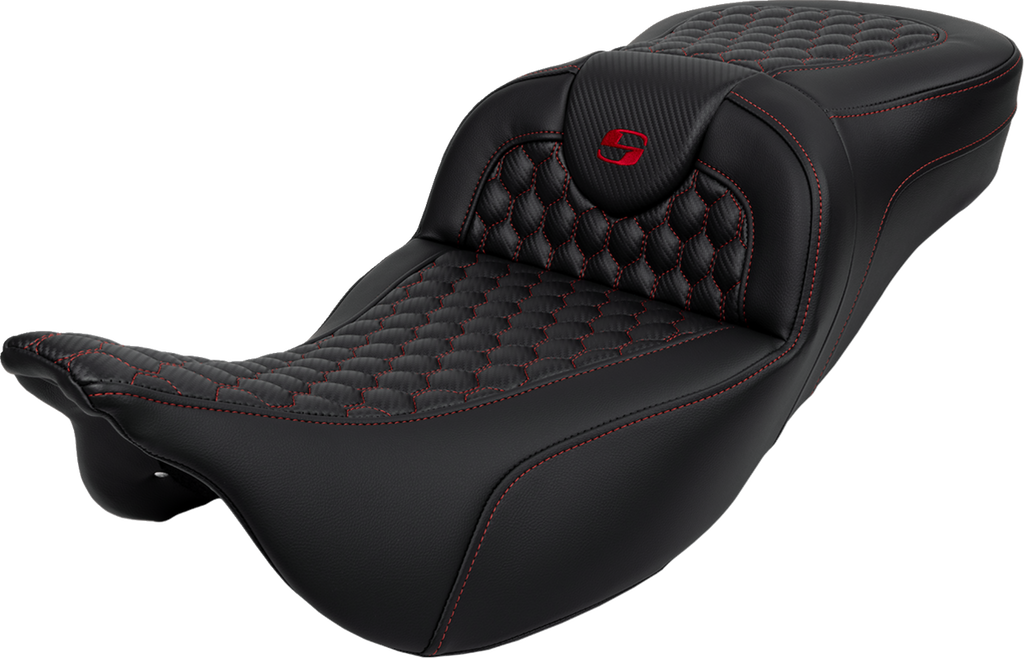 SADDLEMEN RoadSofa™ Seat - Honeycomb - Red Stitch - Extended Reach - without Backrest - FLH/FLT '08-'24 808-07B-19004 — image 1