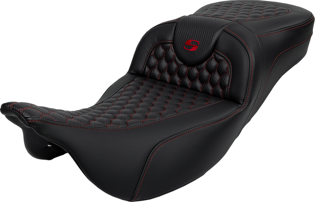 SADDLEMEN RoadSofa™ Seat - Honeycomb - Red Stitch - Extended Reach - without Backrest - FLH/FLT '08-'24 808-07B-19004 — image 1