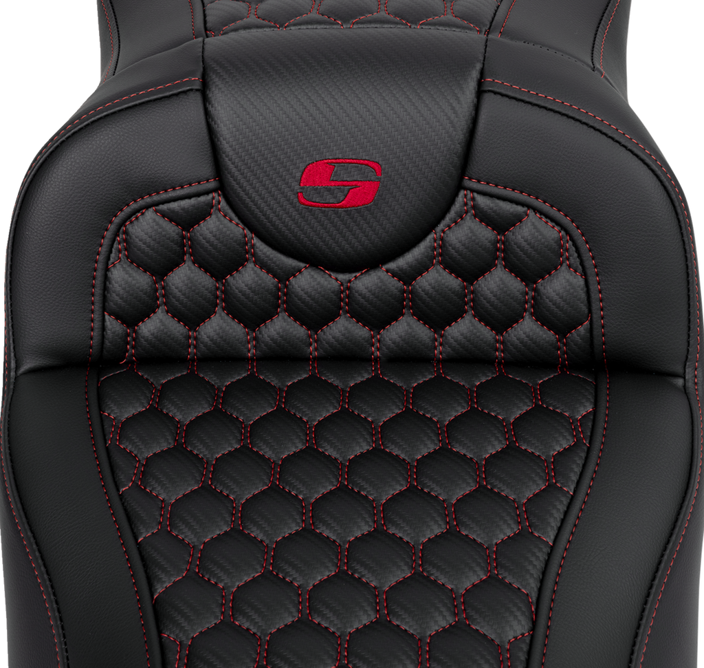 SADDLEMEN RoadSofa™ Seat - Honeycomb - Red Stitch - Extended Reach - without Backrest - FLH/FLT '08-'24 808-07B-19004 — image 3