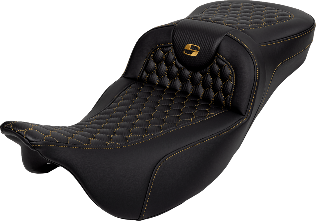 SADDLEMEN RoadSofa™ Seat - Honeycomb - Gold Stitch - Extended Reach - without Backrest - FLH/FLT '08-'24 808-07B-19007 — image 1